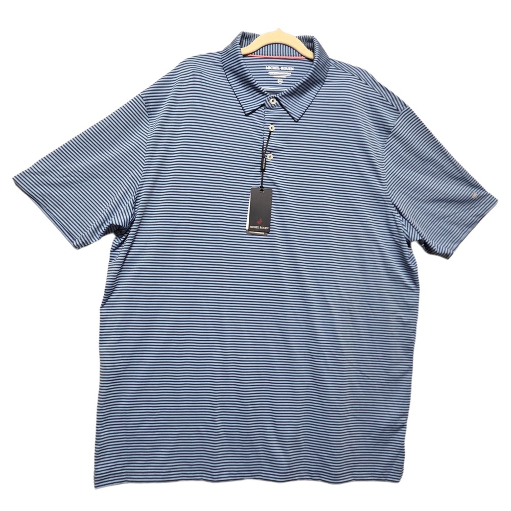 Michel Rouen Mens 2XL Blue Striped Performance Polo Short Sleeve Golf Shirt NEW